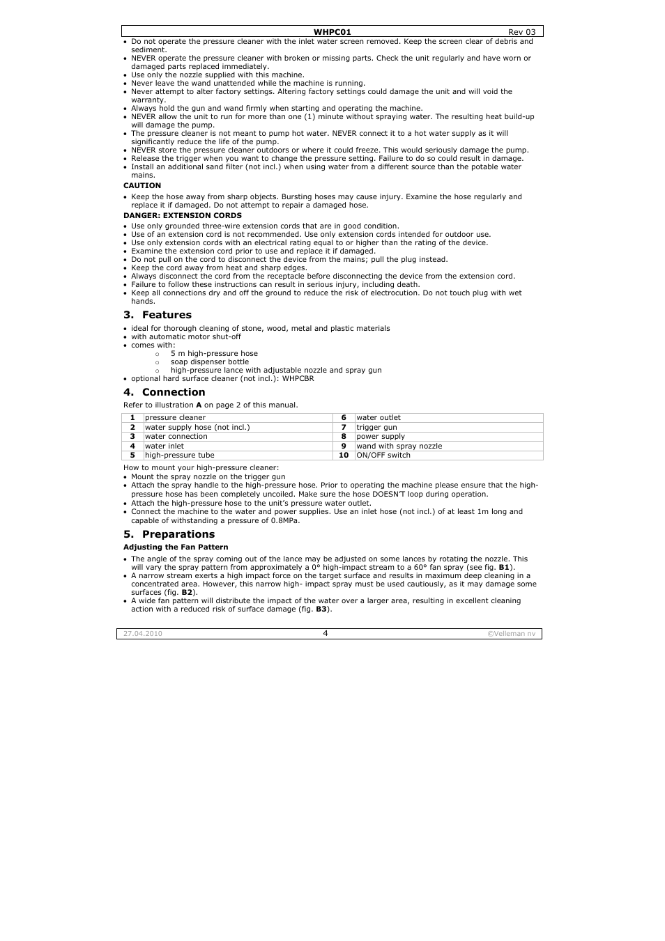 Features, Connection, Preparations | Velleman WHPC01 User Manual | Page 4 / 32