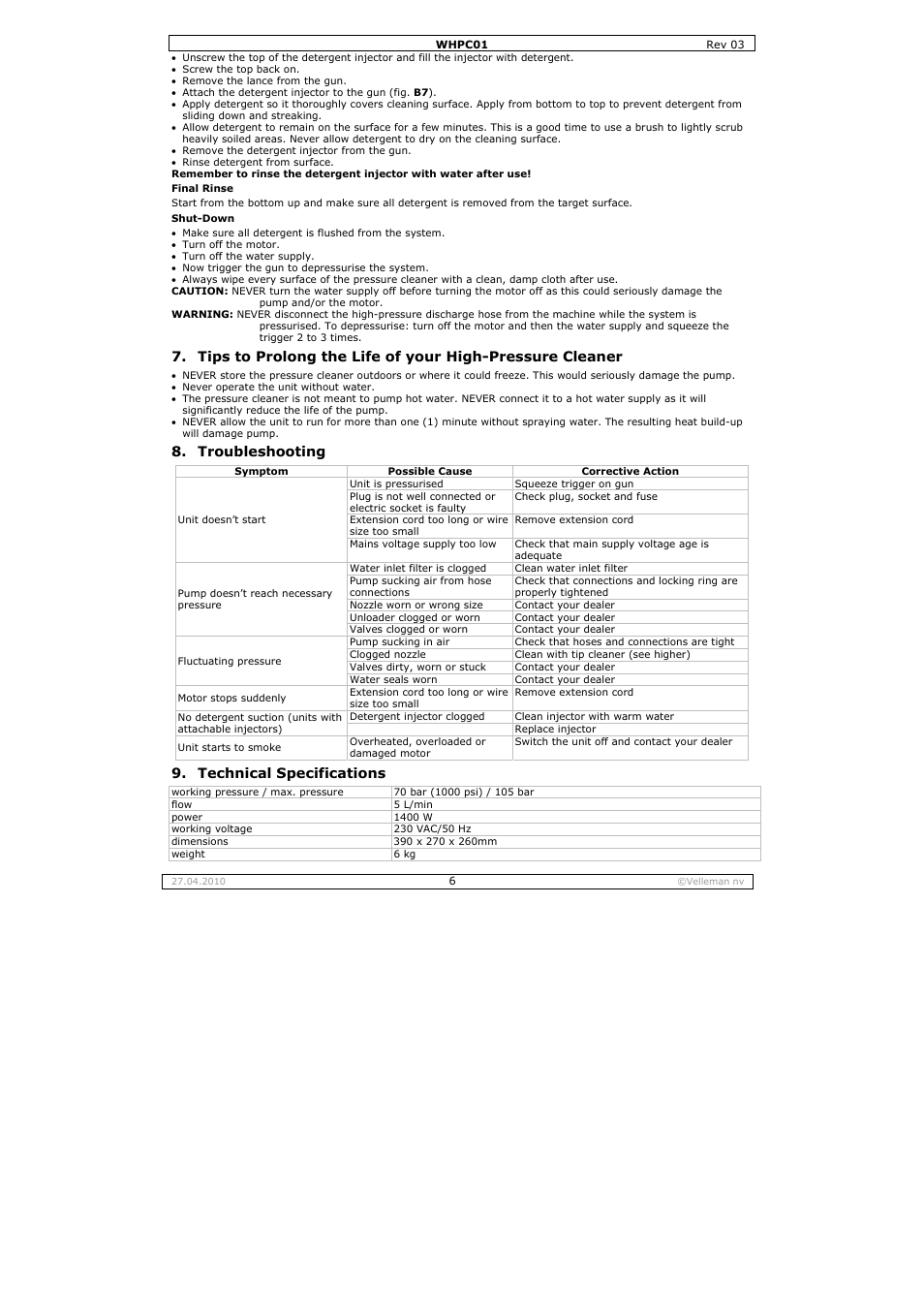 Troubleshooting, Technical specifications | Velleman WHPC01 User Manual | Page 6 / 32