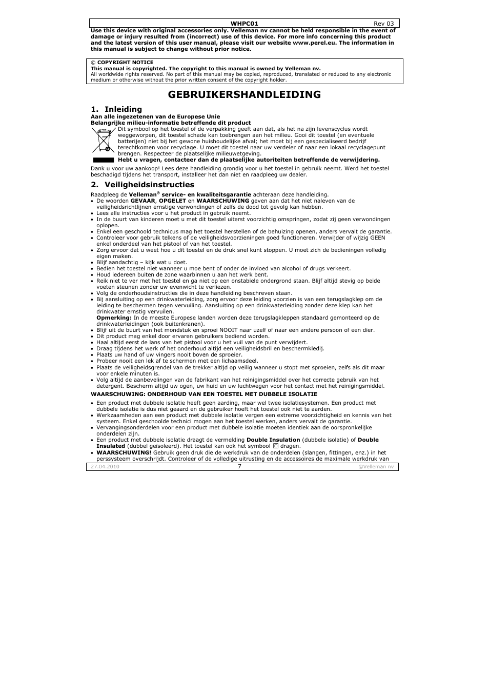 Gebru, Uikersha, Andleid | Ding, Eiding, Iligheidsins, Structies | Velleman WHPC01 User Manual | Page 7 / 32