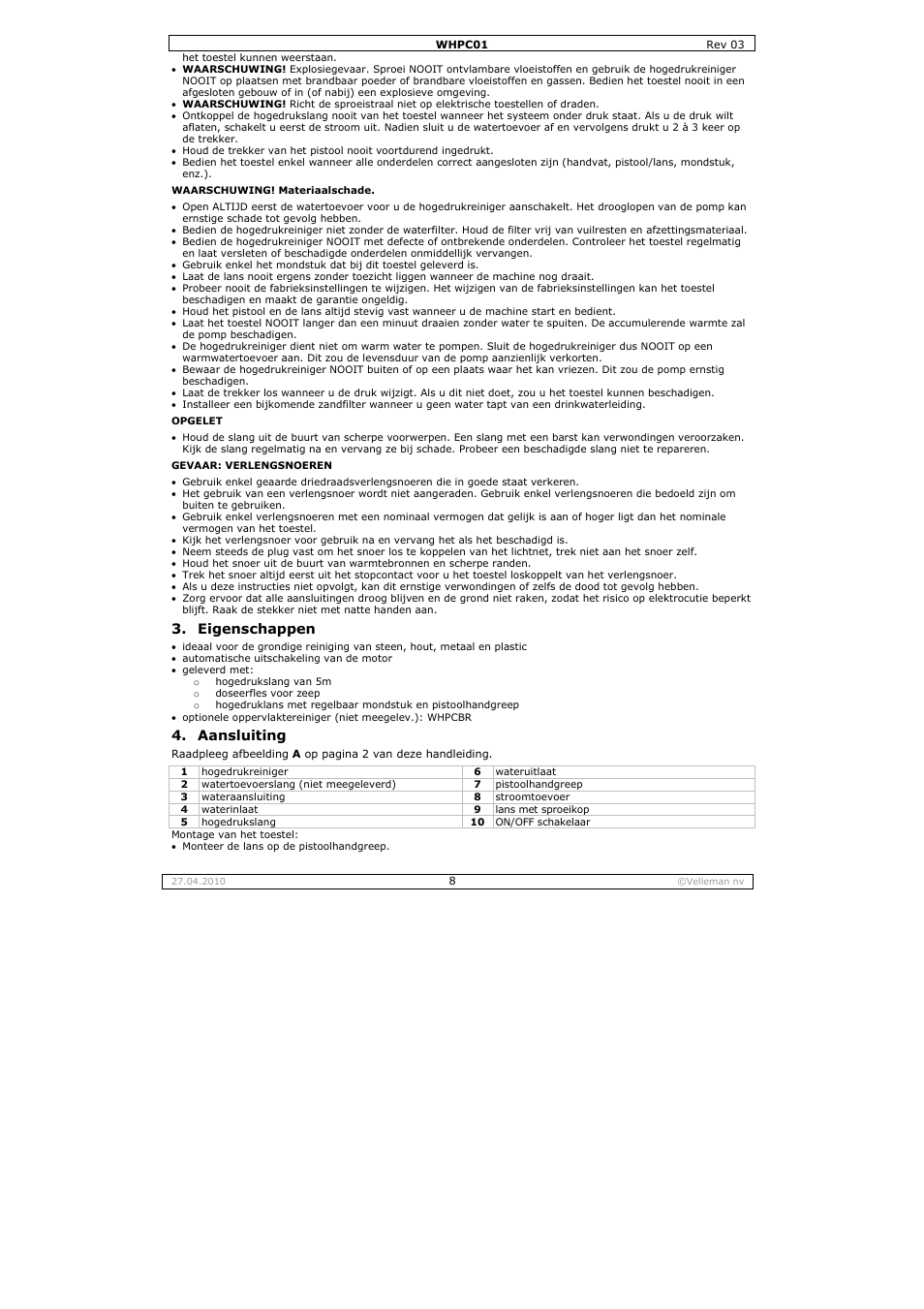 Eigenschappen, Aansluiting | Velleman WHPC01 User Manual | Page 8 / 32