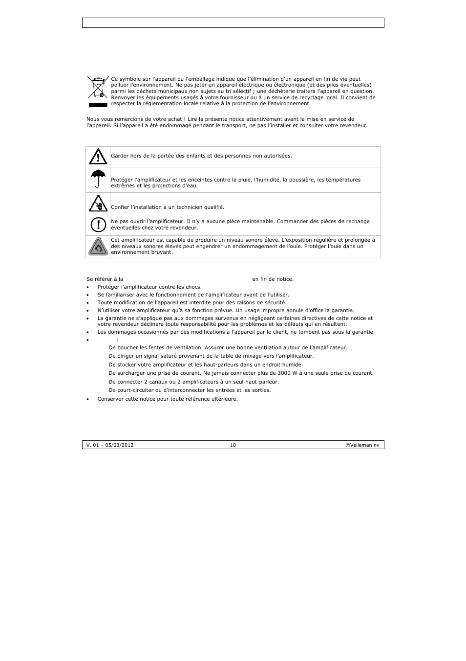 Notice d'emploi, Notice d, Emploi | Intr, Dire, Roduction, Nsignes de s, Ectives gén, Sécurité, Nérales | Velleman PAA03 User Manual | Page 10 / 20