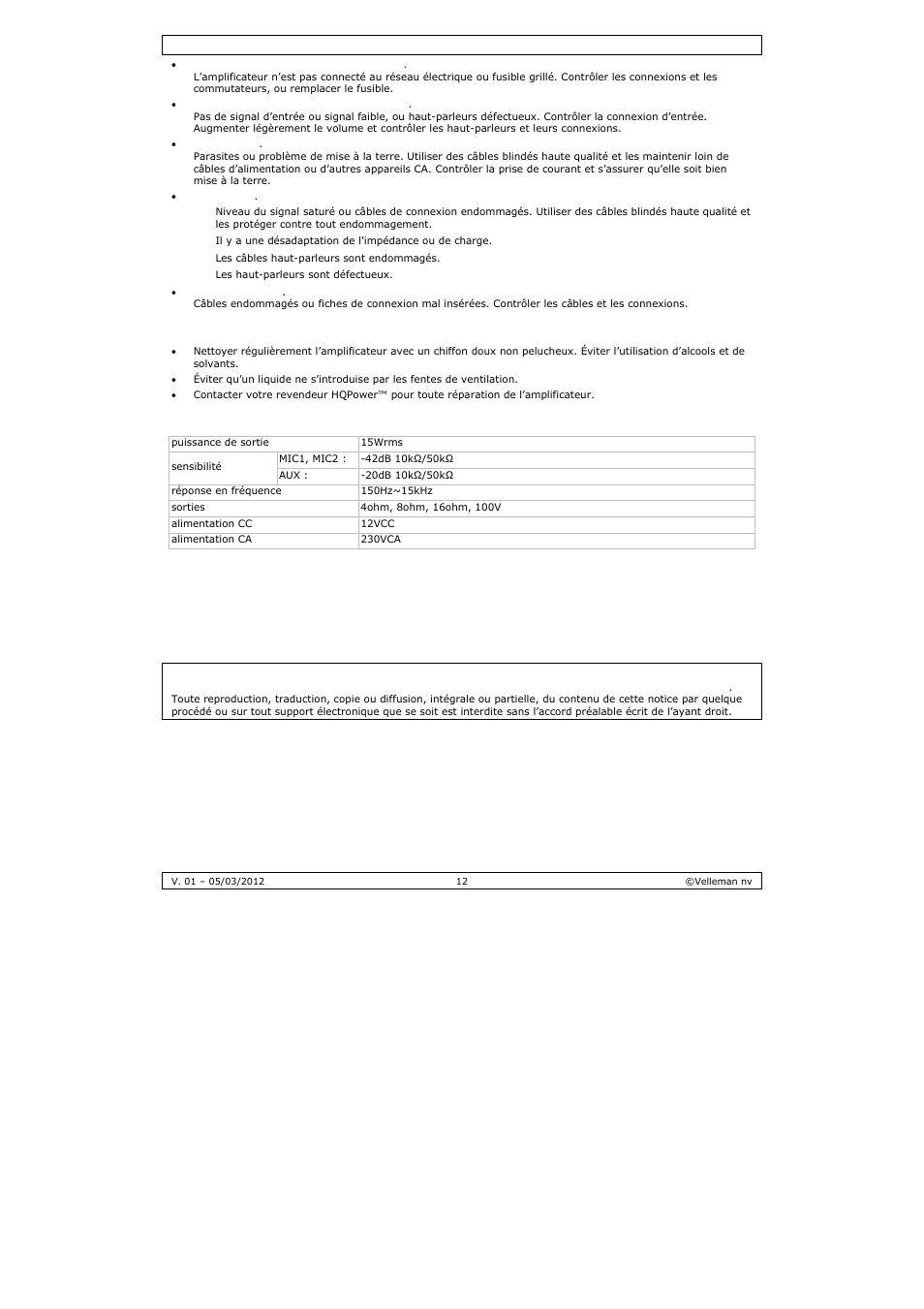 Entretien, Spécifications techniques | Velleman PAA03 User Manual | Page 12 / 20