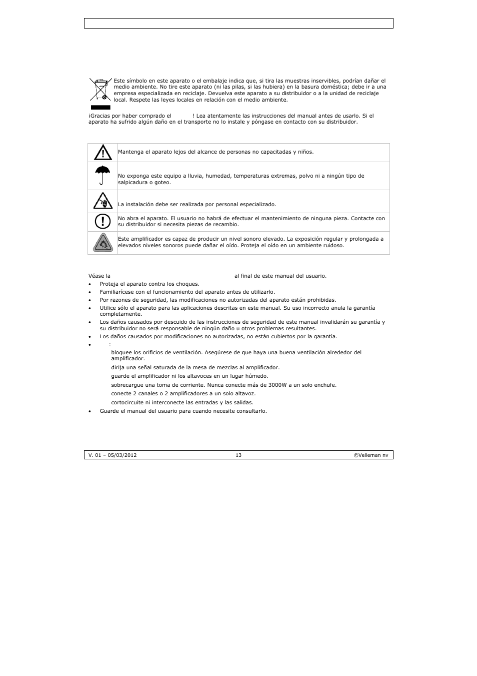 Manual del usuario, Anual de, L usuario | Intr, Roducción, Trucciones, Rmas gener, De segurid, Rales | Velleman PAA03 User Manual | Page 13 / 20