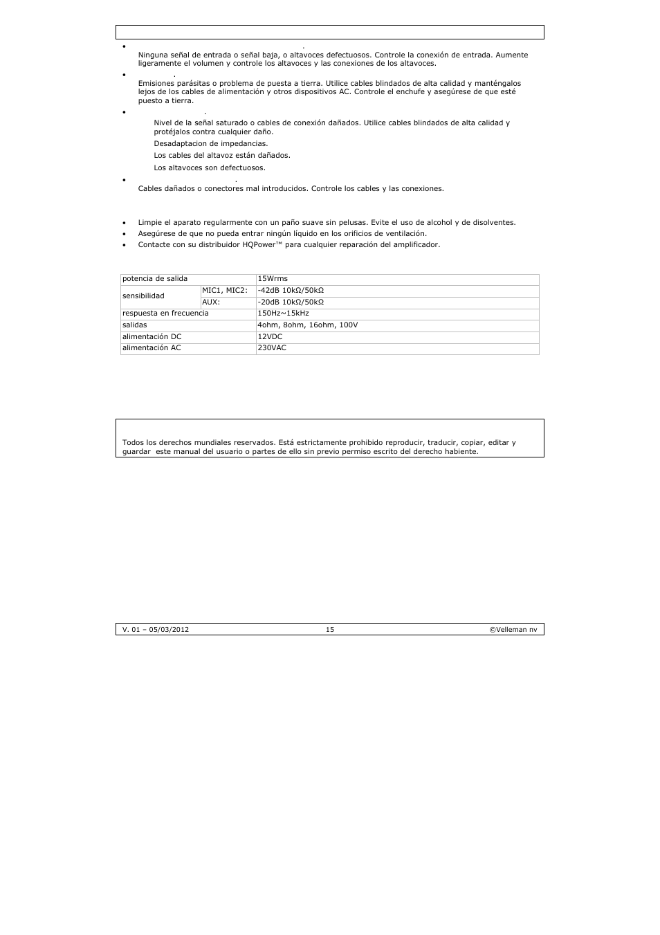 Mantenimiento, Especificaciones | Velleman PAA03 User Manual | Page 15 / 20