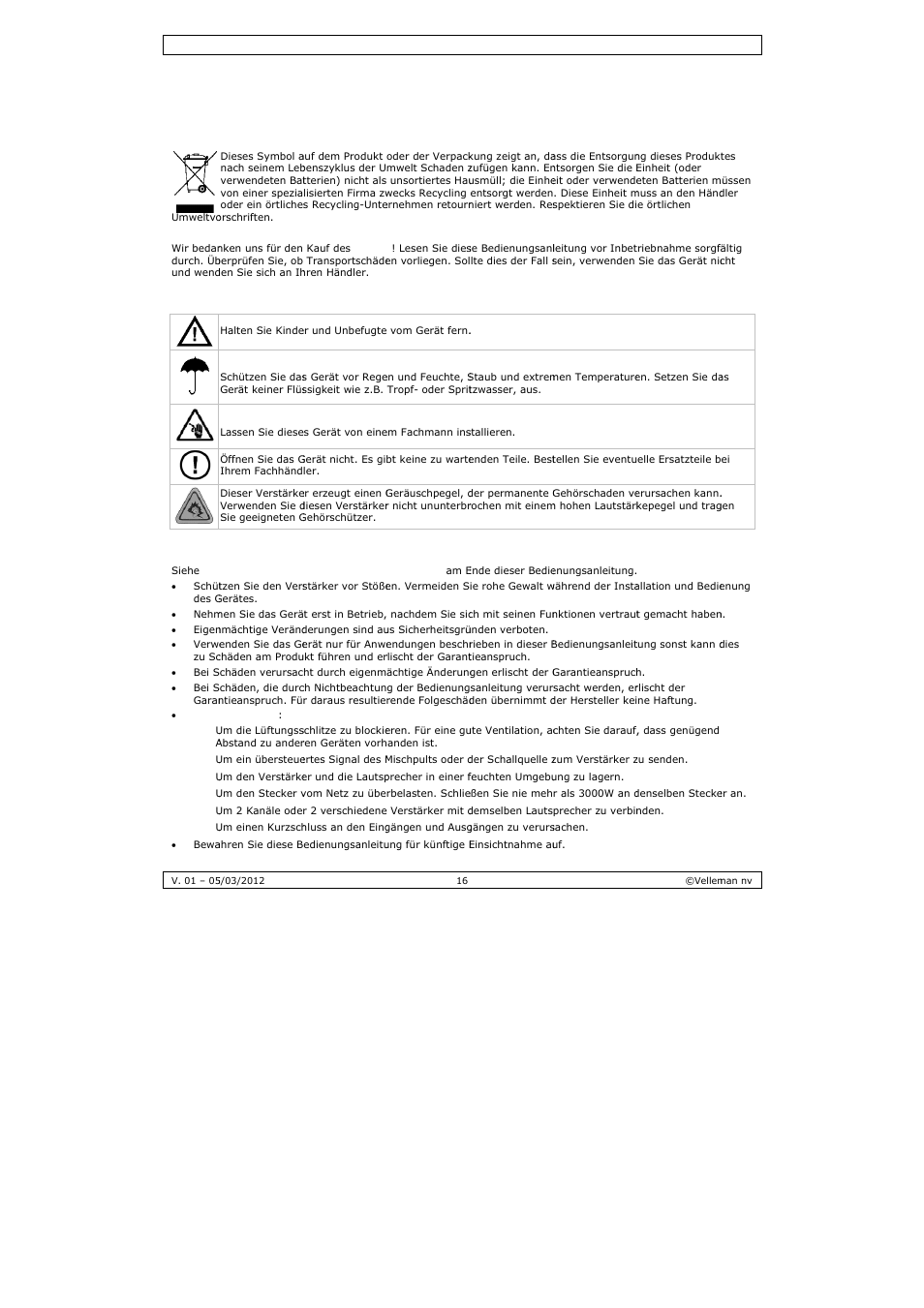 Bedienungsanleitung, Dienungs, Sanleitun | Einf, Sich, Allg, Führung, Herheitshin, Gemeine ric, Nweise | Velleman PAA03 User Manual | Page 16 / 20