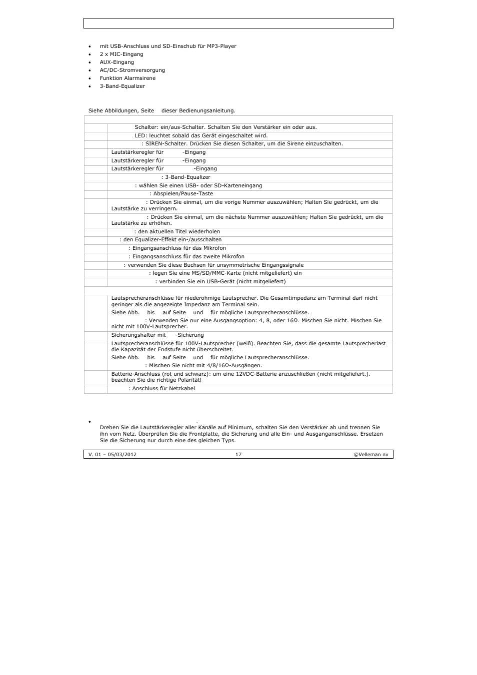 Eigenschaften, Umschreibung und anwendung, Problemlösung | Velleman PAA03 User Manual | Page 17 / 20
