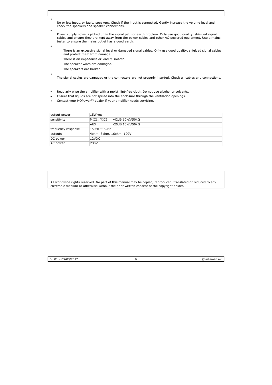 Maintenance, Technical specifications | Velleman PAA03 User Manual | Page 6 / 20