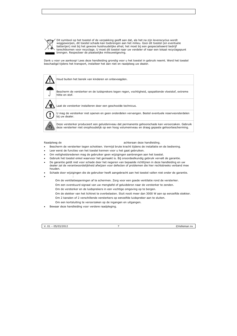 Gebruikershandleiding, Gebr, Ruikersh | Andleidi, Inle, Veil, Alge, Eiding, Ligheidsinst, Emene rich | Velleman PAA03 User Manual | Page 7 / 20
