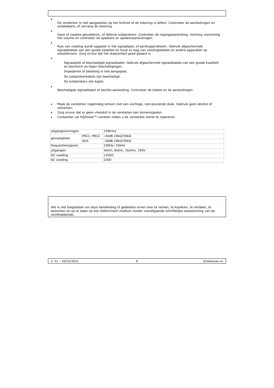 Onderhoud, Technische specificaties | Velleman PAA03 User Manual | Page 9 / 20