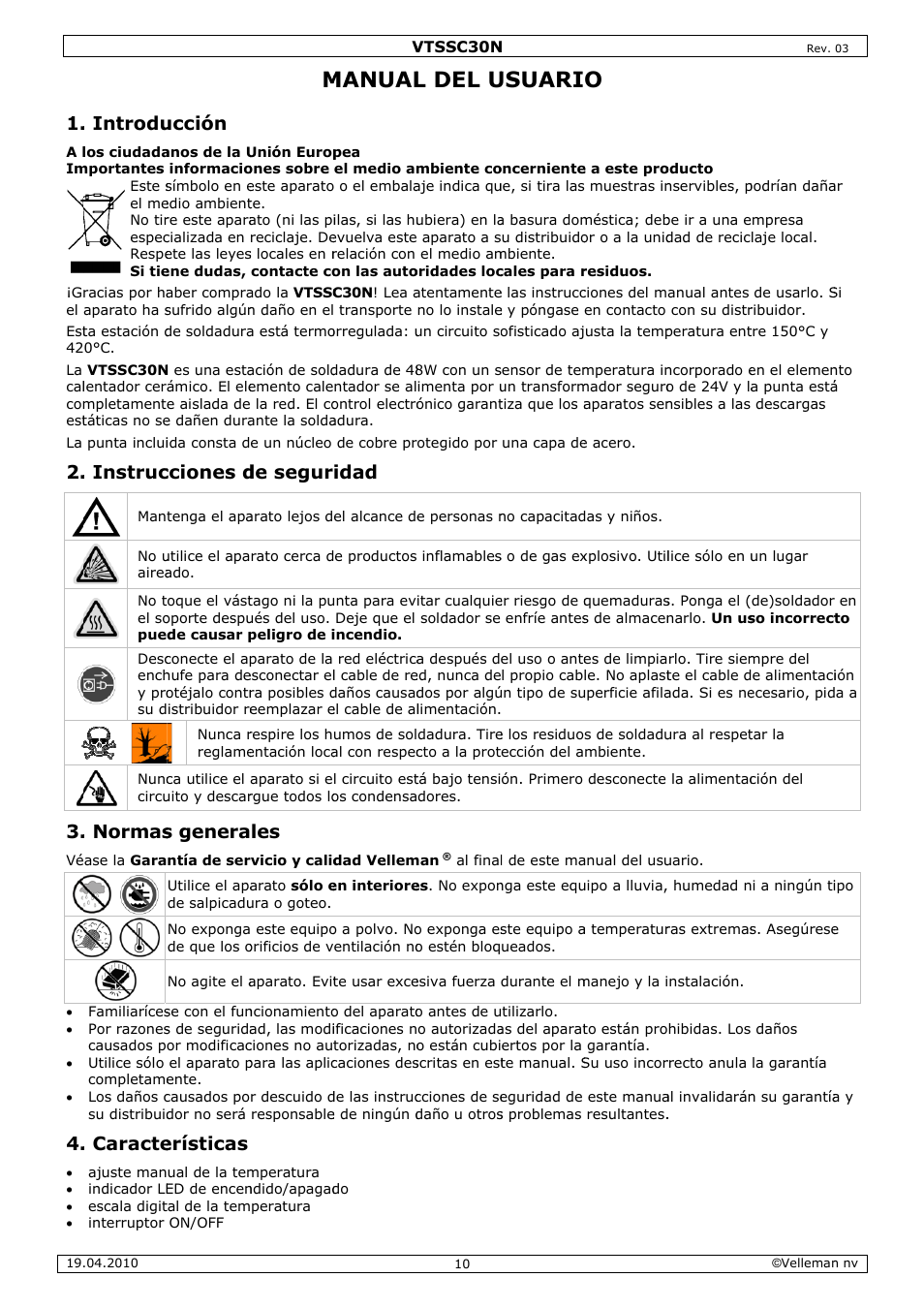Manual, L del u, Usuari | Introdu, Instruc, Normas, Caracte, Ucción, Cciones d, S genera | Velleman VTSSC30N User Manual | Page 10 / 16