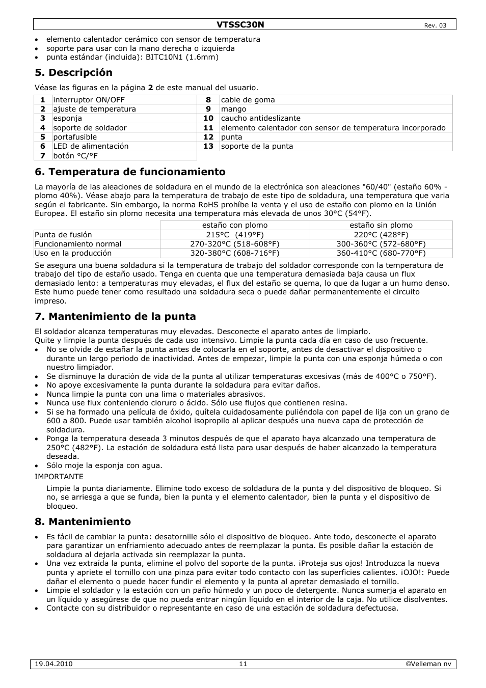 Descripción, Temperatura de funcionamiento, Mantenimiento de la punta | Mantenimiento | Velleman VTSSC30N User Manual | Page 11 / 16