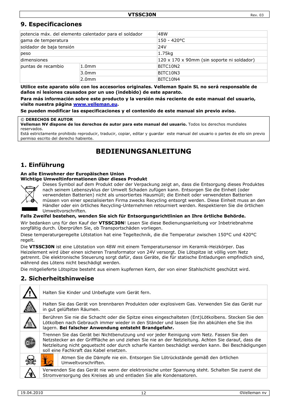 Edienu, Ungsan, Nleitun | Especif, Einführ, Sicherh, Ficacione, Rung, Heitshinw, Weise | Velleman VTSSC30N User Manual | Page 12 / 16