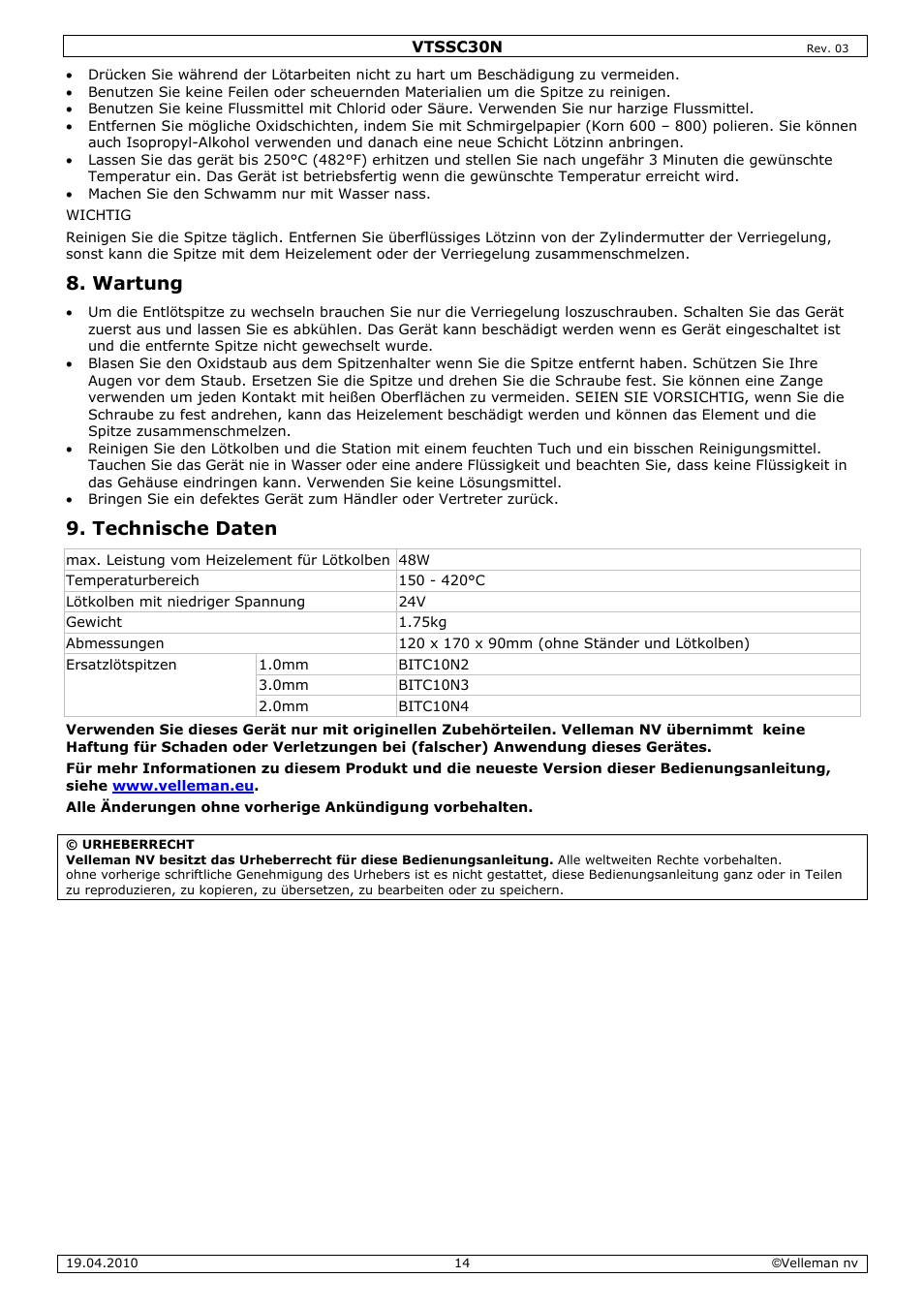 Wartung, Technische daten | Velleman VTSSC30N User Manual | Page 14 / 16