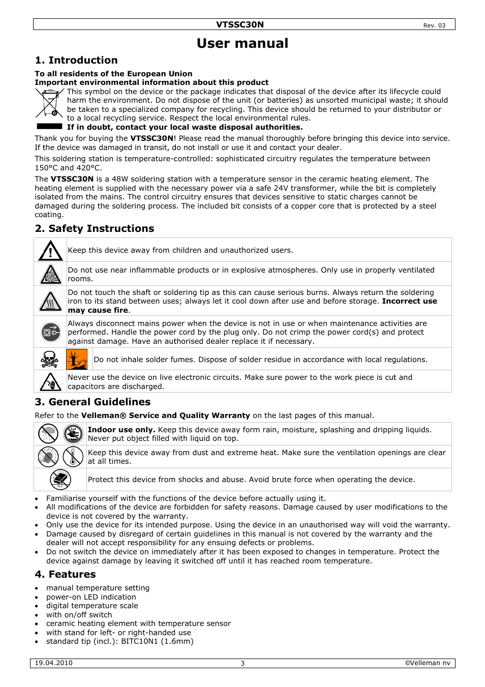 Er man, Nual, Introdu | Safety i, Genera, Feature, Uction, Instruct, L guideli, Ions | Velleman VTSSC30N User Manual | Page 3 / 16