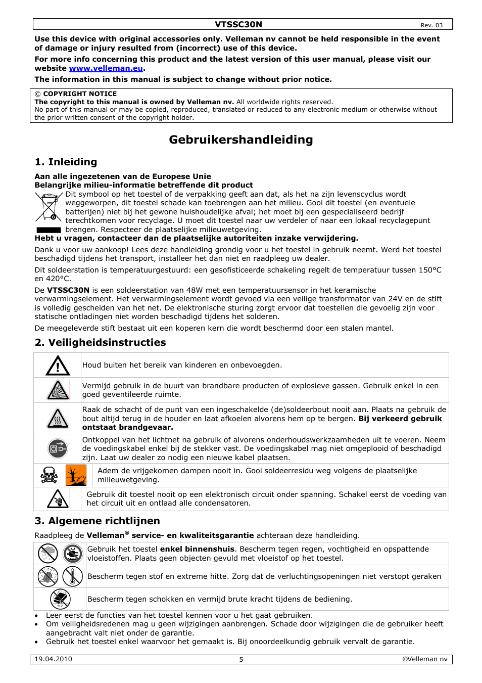 Gebruik, Kershan, Ndleidin | Inleidin, Veilighe, Algeme, Eidsinstr, Ene richt, Ructies, Lijnen | Velleman VTSSC30N User Manual | Page 5 / 16