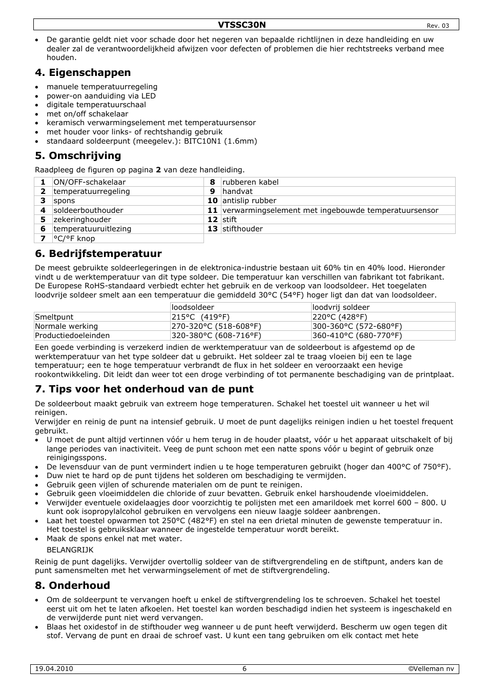 Eigenschappen, Omschrijving, Bedrijfstemperatuur | Tips voor het onderhoud van de punt, Onderhoud | Velleman VTSSC30N User Manual | Page 6 / 16