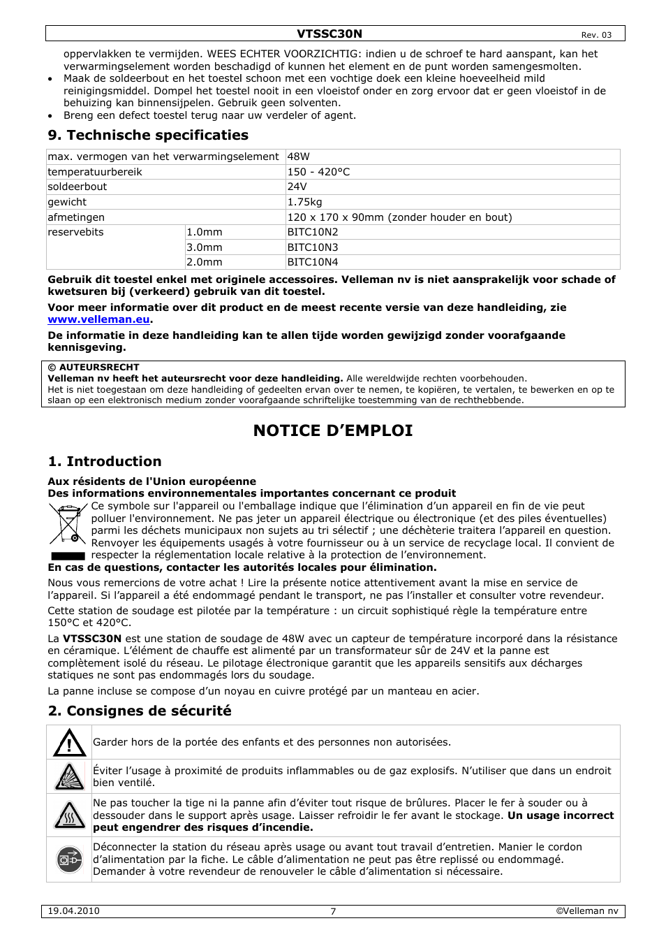 Notic, Ce d’em, Mploi | Technis, Introdu, Consign, Sche spe, Uction, Nes de sé, Ecificatie | Velleman VTSSC30N User Manual | Page 7 / 16