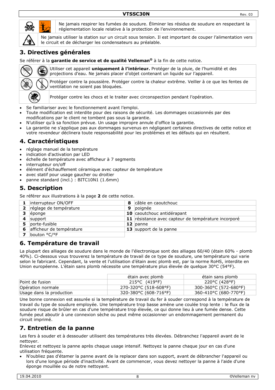 Directiv, Caracté, Descrip | Tempér, Entretie, Ves géné, Éristique, Ption, Rature de, En de la | Velleman VTSSC30N User Manual | Page 8 / 16