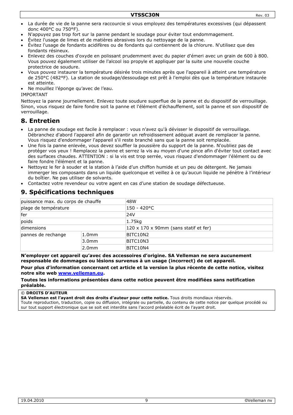 Entretien, Spécifications techniques | Velleman VTSSC30N User Manual | Page 9 / 16