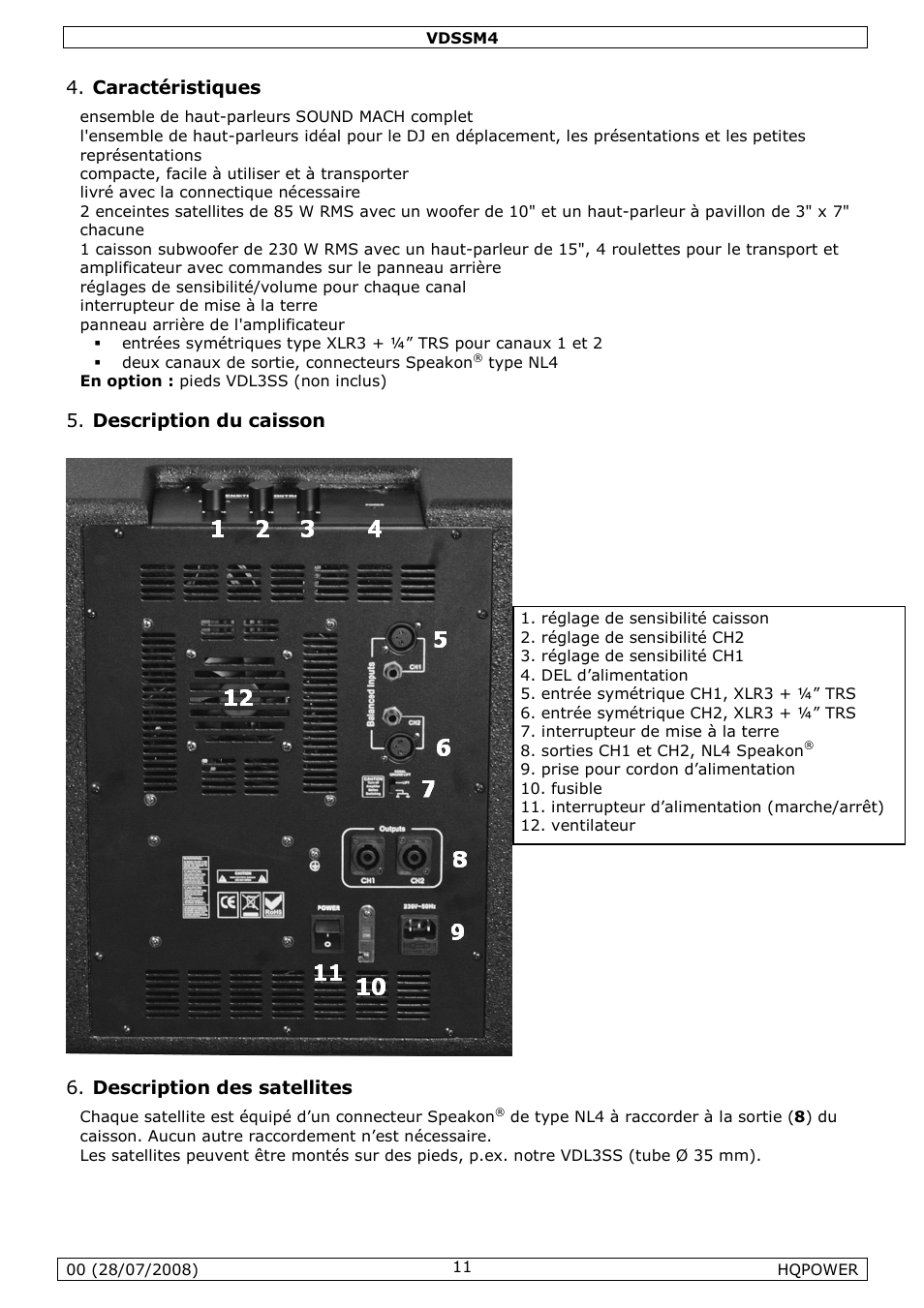 Caractéristiques, Description du caisson, Description des satellites | Velleman VDSSM4 User Manual | Page 11 / 22