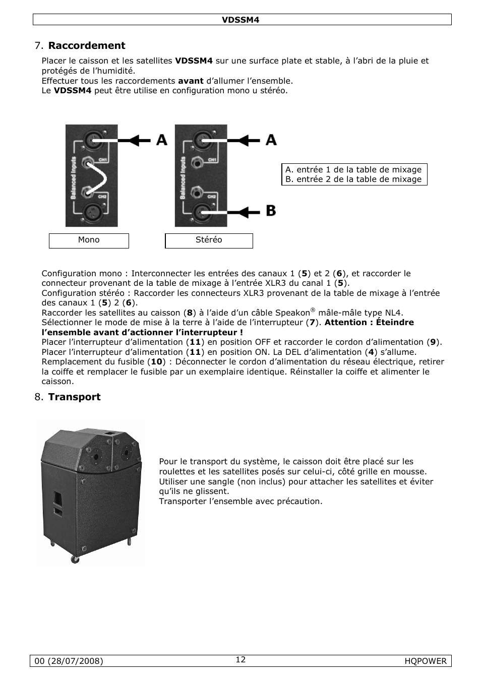 Raccordement, Transport | Velleman VDSSM4 User Manual | Page 12 / 22