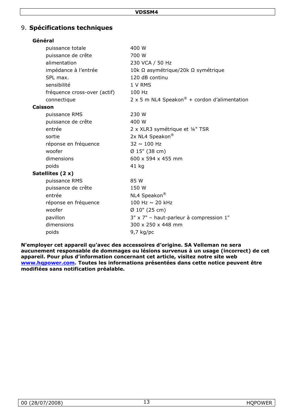 Spécifications techniques | Velleman VDSSM4 User Manual | Page 13 / 22