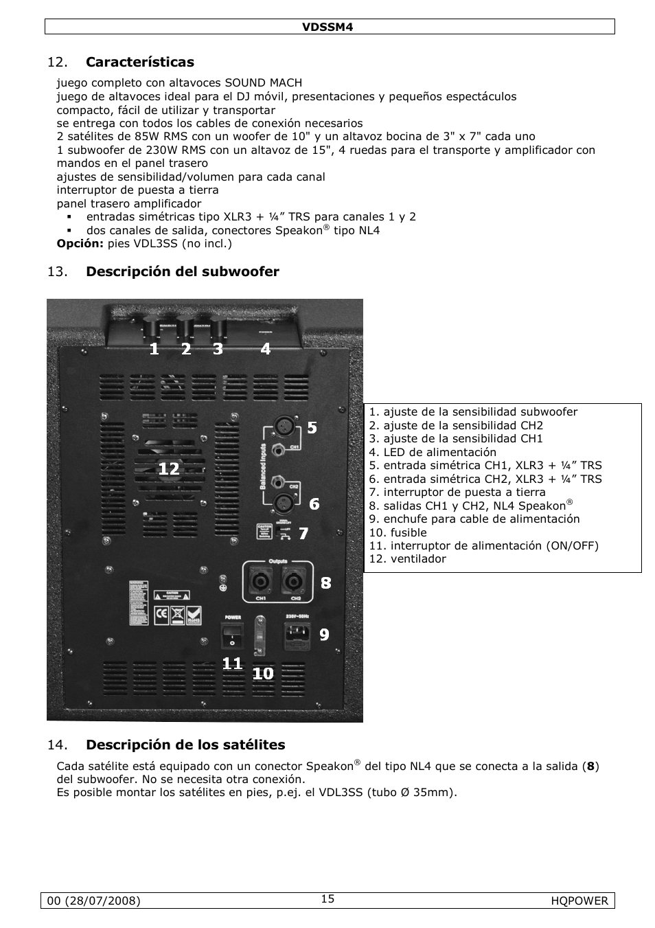 Características, Descripción del subwoofer, Descripción de los satélites | Velleman VDSSM4 User Manual | Page 15 / 22