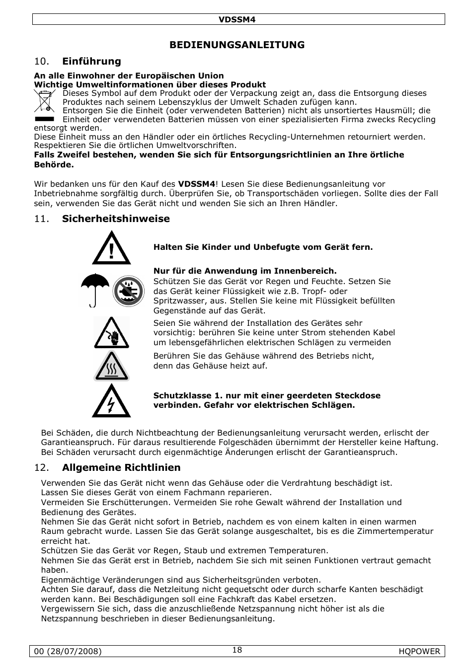 Bedienungsanleitung 10. einführung, Sicherheitshinweise, Allgemeine richtlinien | Velleman VDSSM4 User Manual | Page 18 / 22