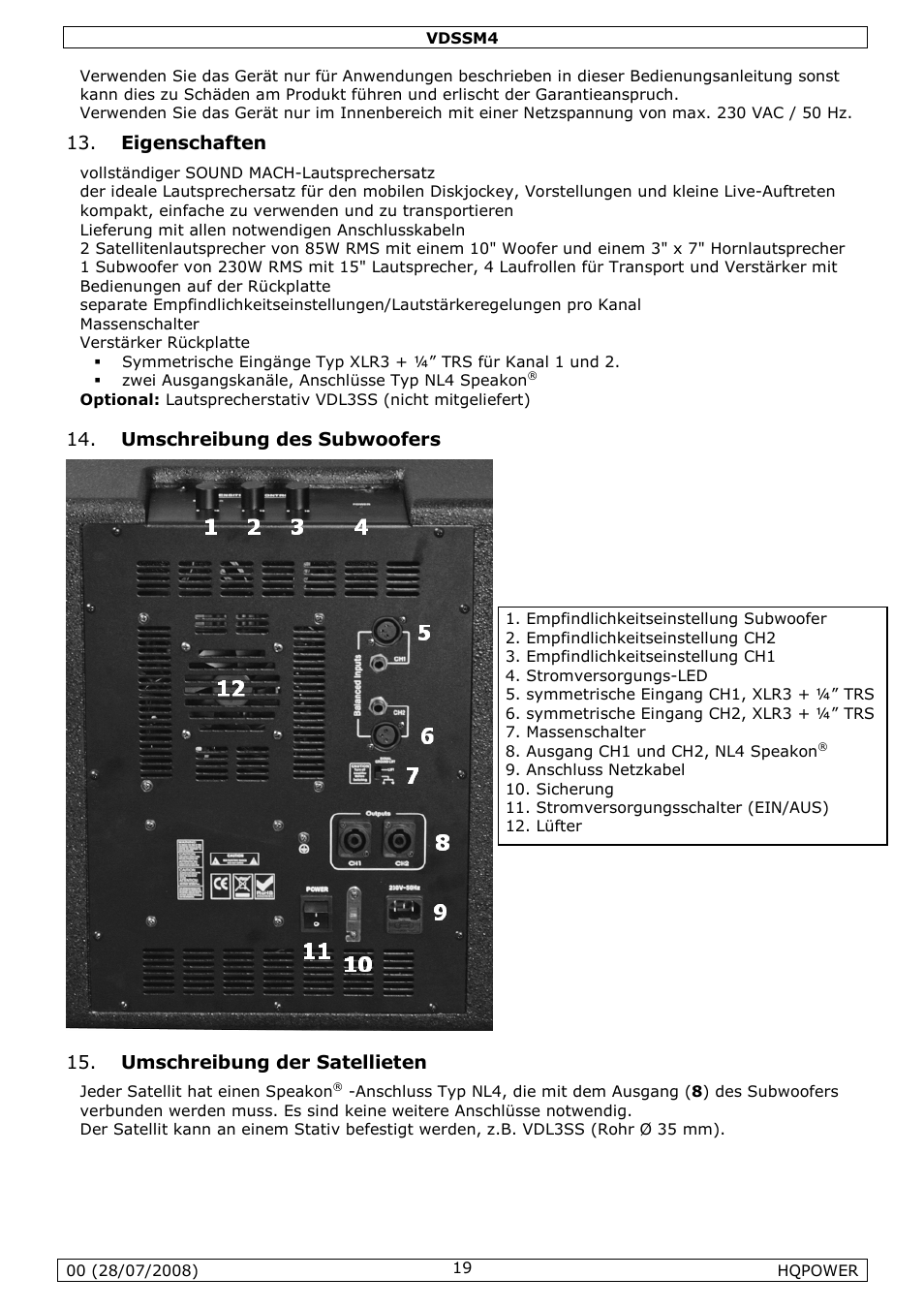 Eigenschaften, Umschreibung des subwoofers, Umschreibung der satellieten | Velleman VDSSM4 User Manual | Page 19 / 22