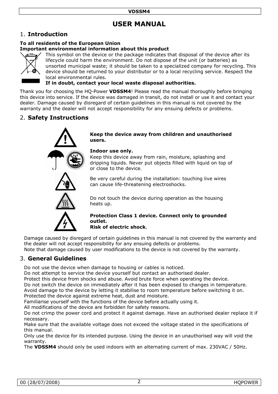 User manual, Introduction, Safety instructions | General guidelines | Velleman VDSSM4 User Manual | Page 2 / 22