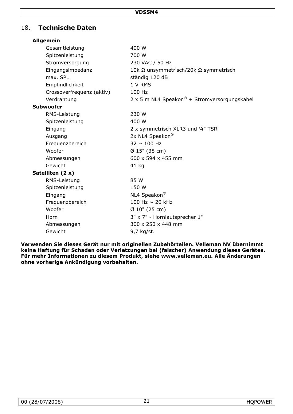 Technische daten | Velleman VDSSM4 User Manual | Page 21 / 22