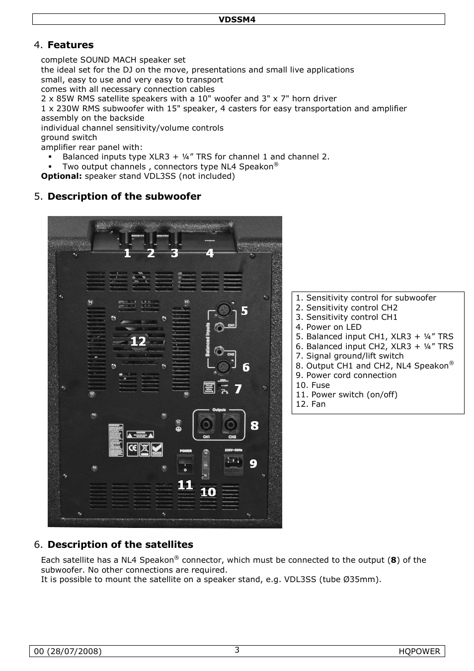 Features, Description of the subwoofer, Description of the satellites | Velleman VDSSM4 User Manual | Page 3 / 22