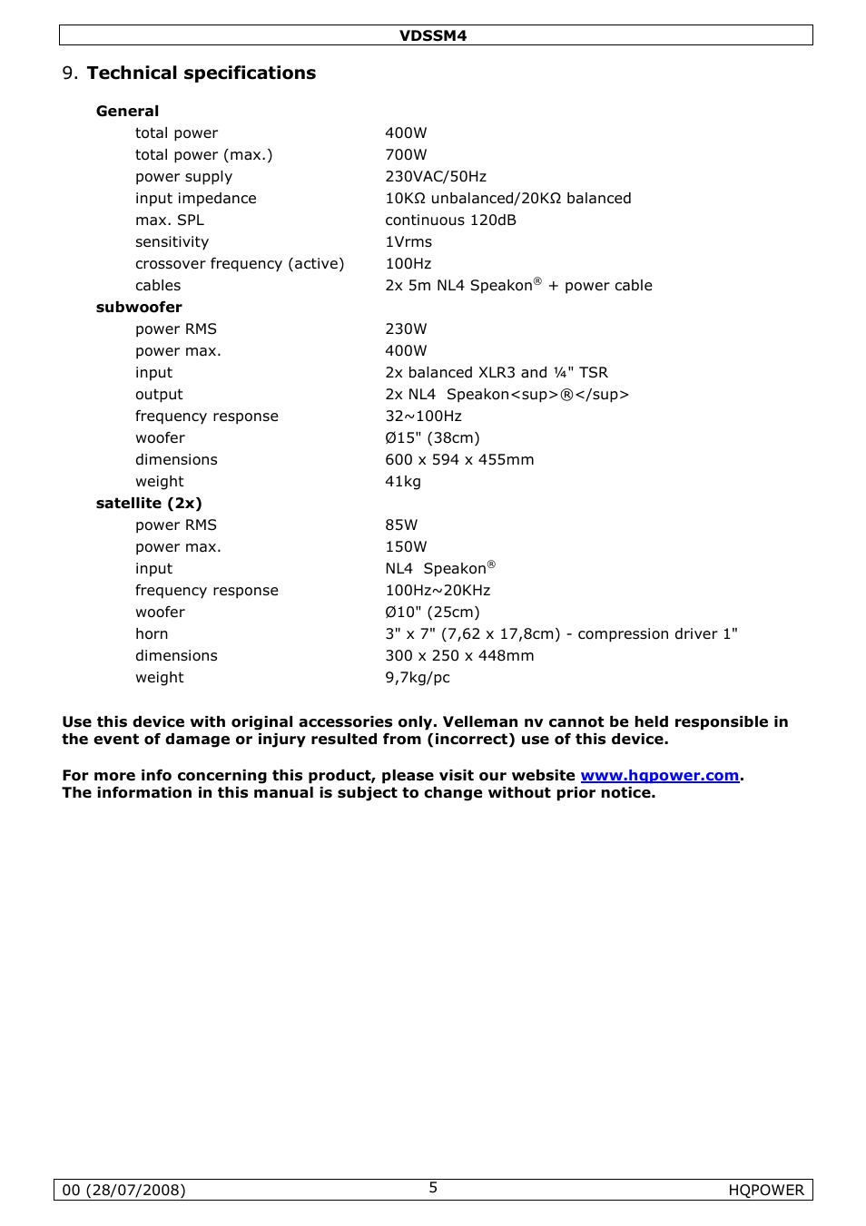 Technical specifications | Velleman VDSSM4 User Manual | Page 5 / 22