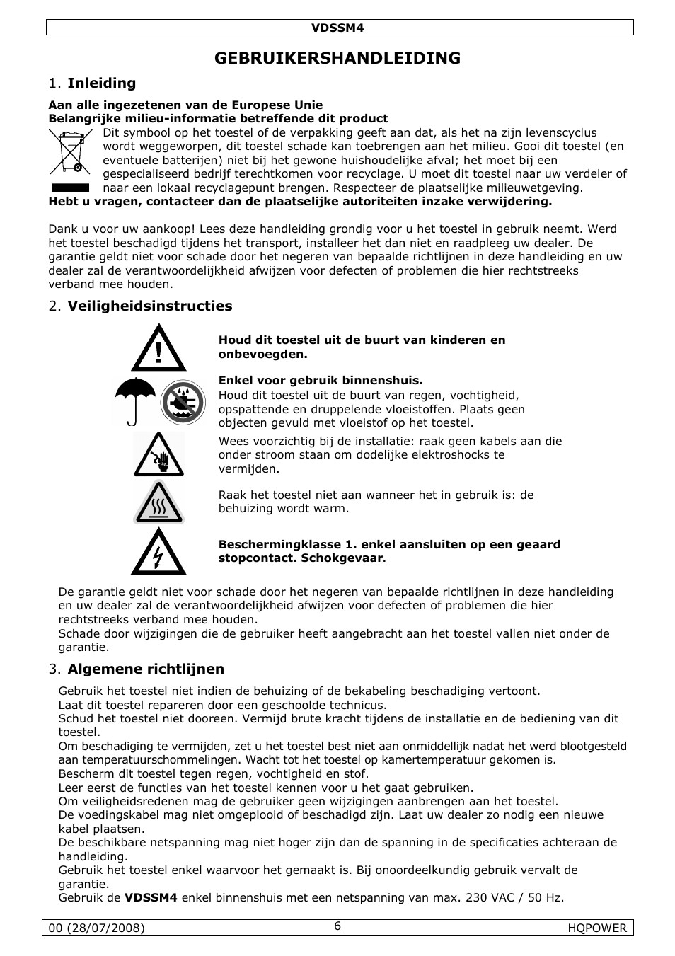 Gebruikershandleiding, Inleiding, Veiligheidsinstructies | Algemene richtlijnen | Velleman VDSSM4 User Manual | Page 6 / 22