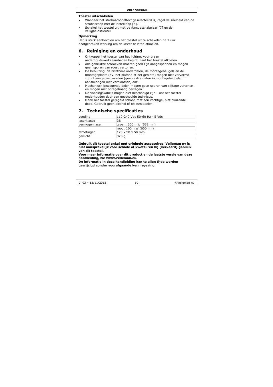 Reiniging en onderhoud, Technische specificaties | Velleman VDL150RGML User Manual | Page 10 / 28