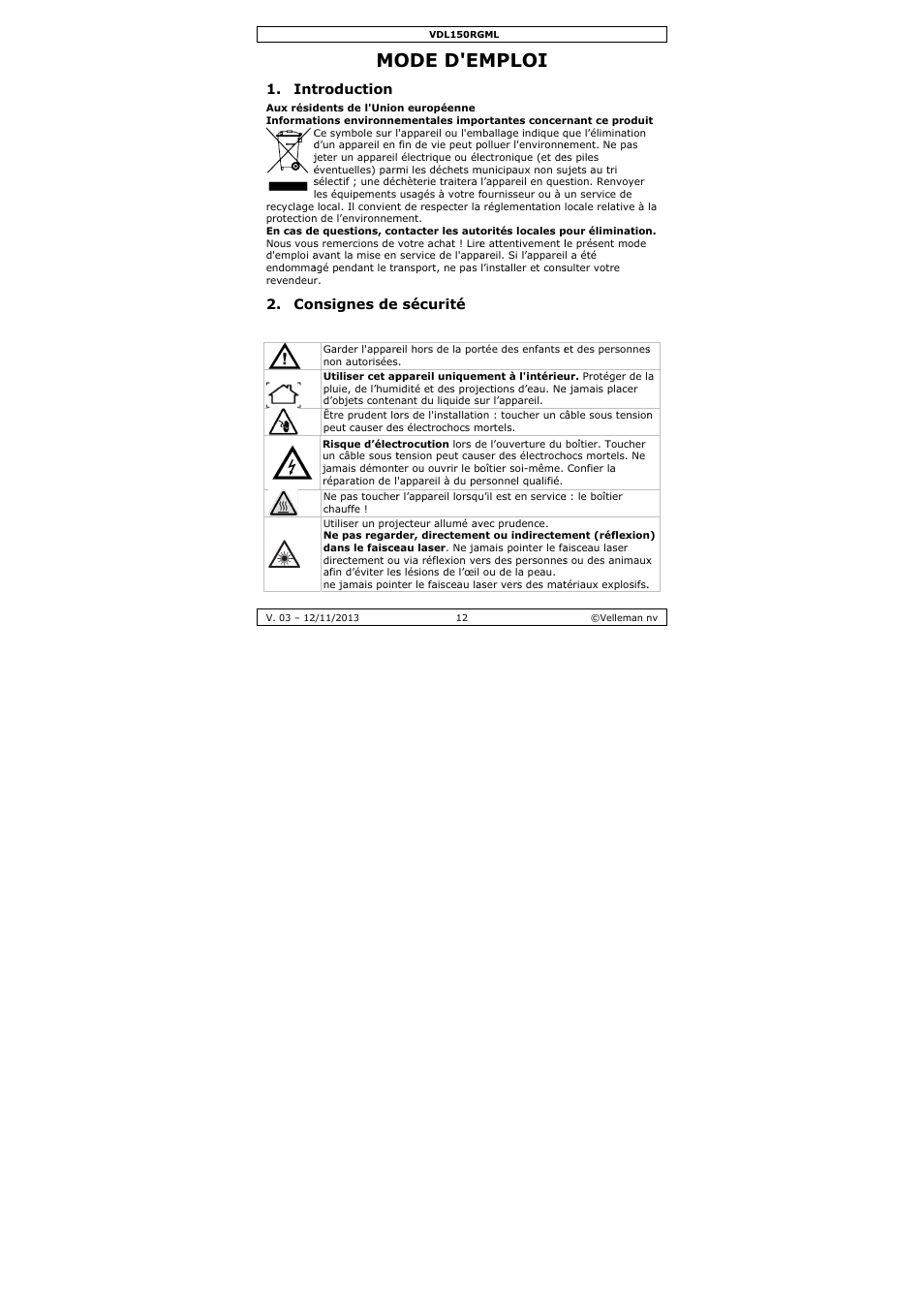 Ode d'em, Mploi, Troduction | Nsignes de, Sécurité | Velleman VDL150RGML User Manual | Page 12 / 28