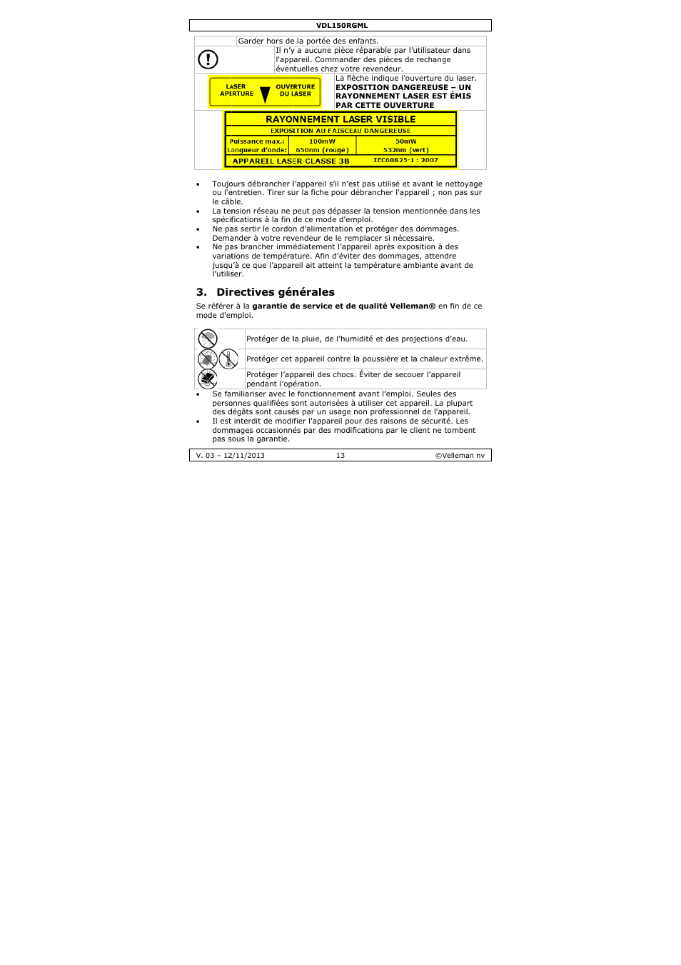 Rectives gén, Nérales | Velleman VDL150RGML User Manual | Page 13 / 28