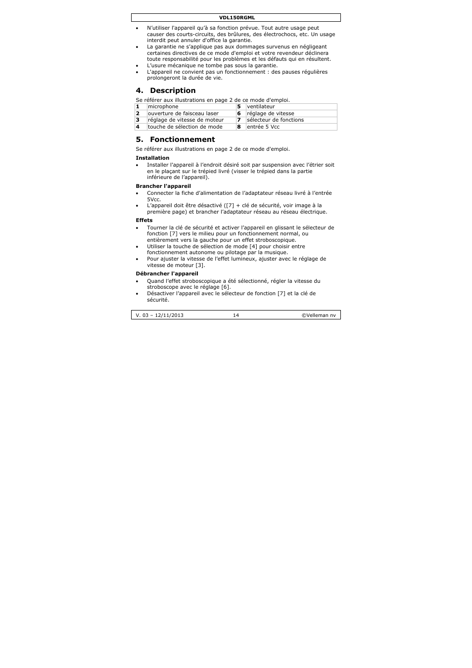 Description, Fonctionnement | Velleman VDL150RGML User Manual | Page 14 / 28