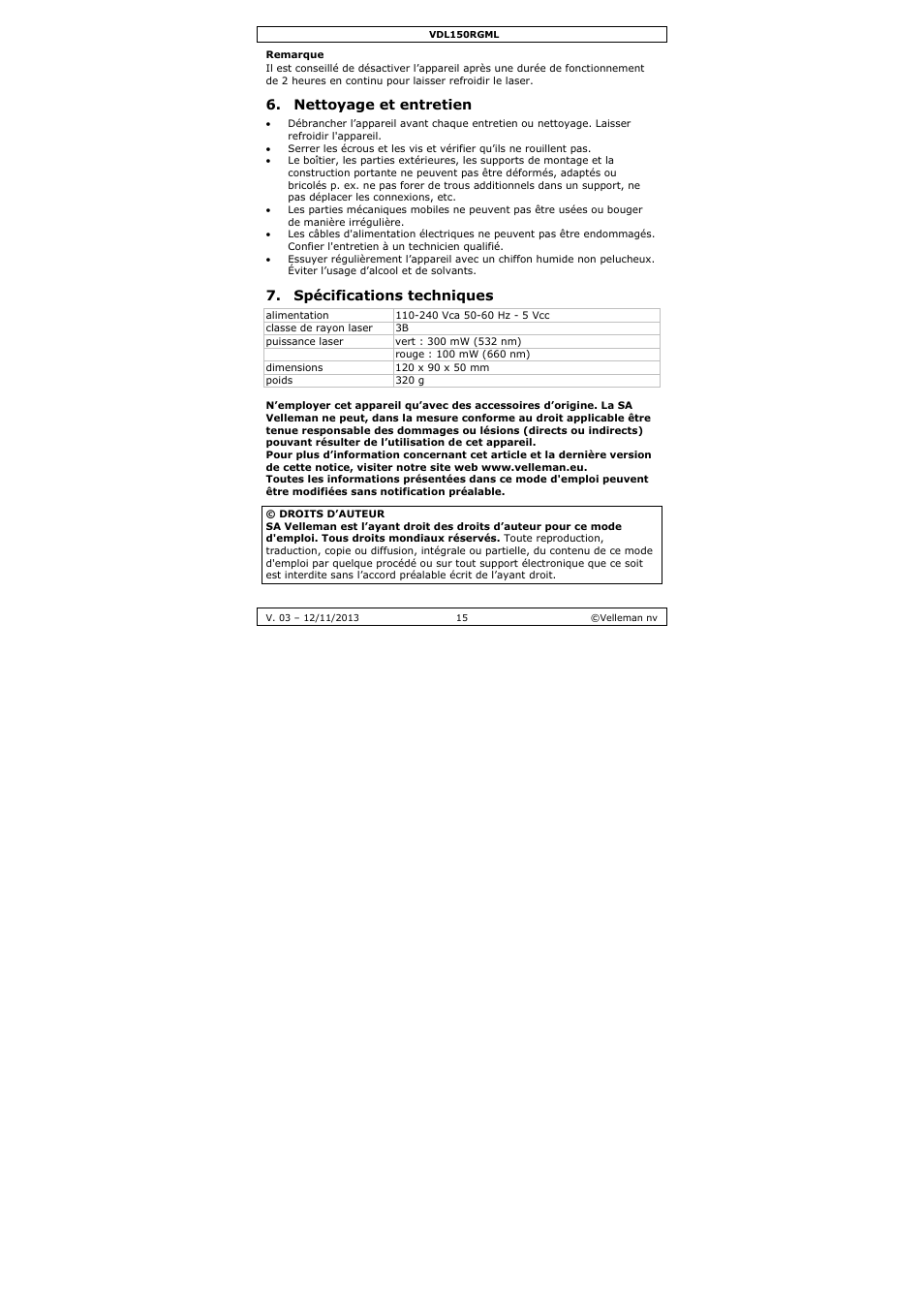 Nettoyage et entretien, Spécifications techniques | Velleman VDL150RGML User Manual | Page 15 / 28