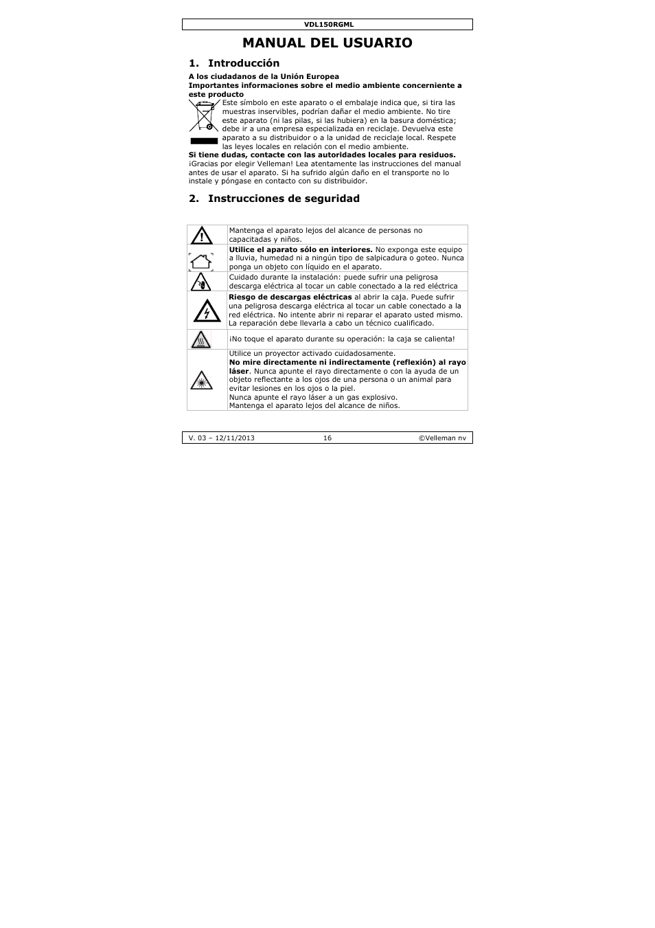 Manu, Ual del, Usuari | Troducción, Strucciones, S de segurid | Velleman VDL150RGML User Manual | Page 16 / 28