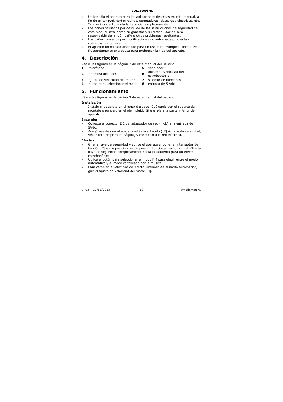 Descripción, Funcionamiento | Velleman VDL150RGML User Manual | Page 18 / 28