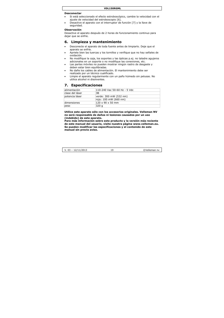Limpieza y mantenimiento, Especificaciones | Velleman VDL150RGML User Manual | Page 19 / 28