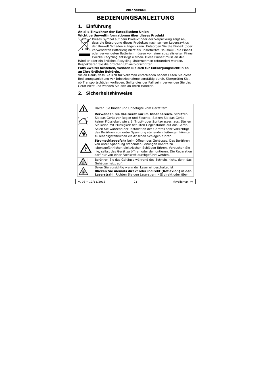 Bedien, Nungsa, Anleitu | Nführung, Cherheitshin, Nweise | Velleman VDL150RGML User Manual | Page 21 / 28