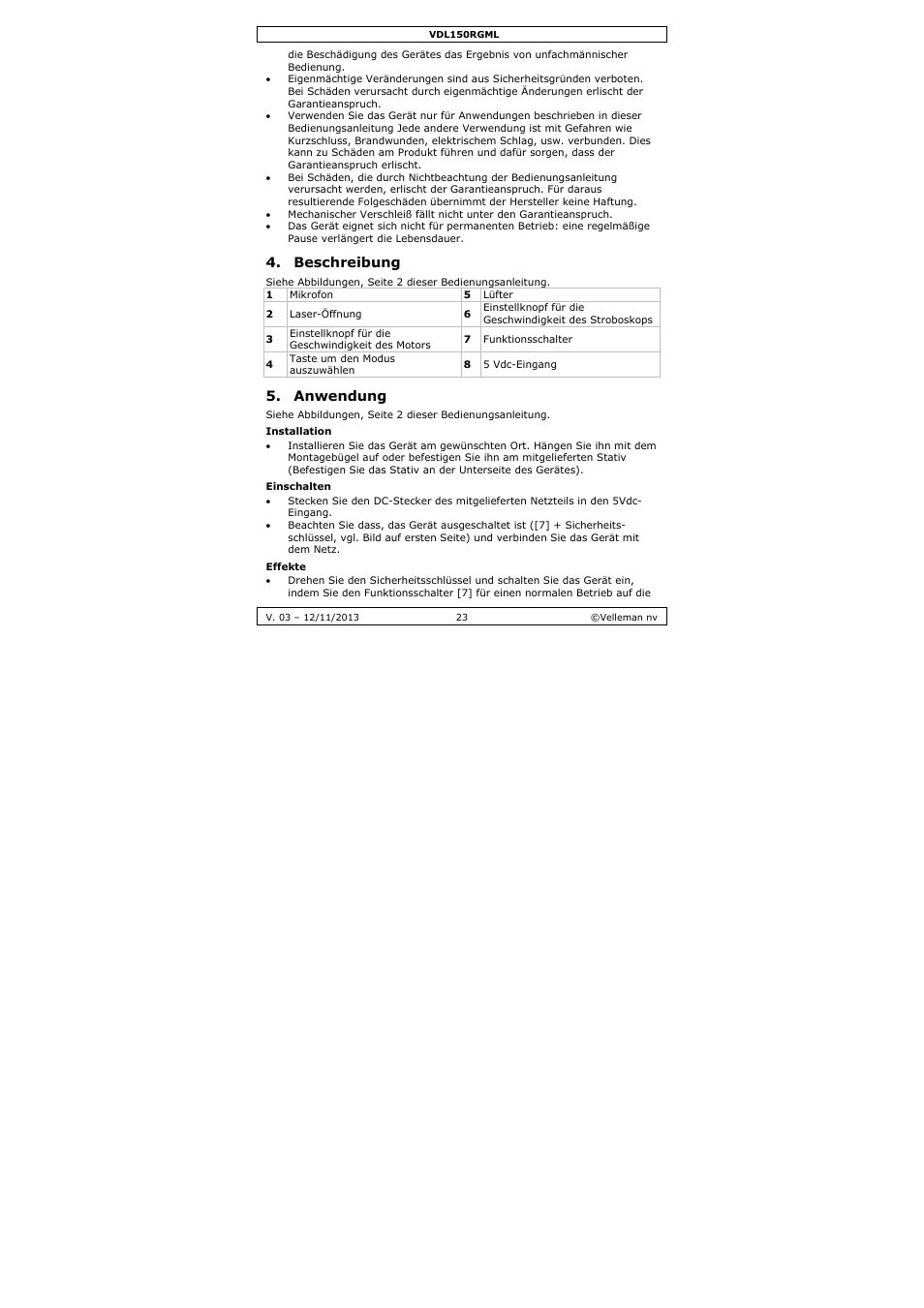 Beschreibung, Anwendung | Velleman VDL150RGML User Manual | Page 23 / 28