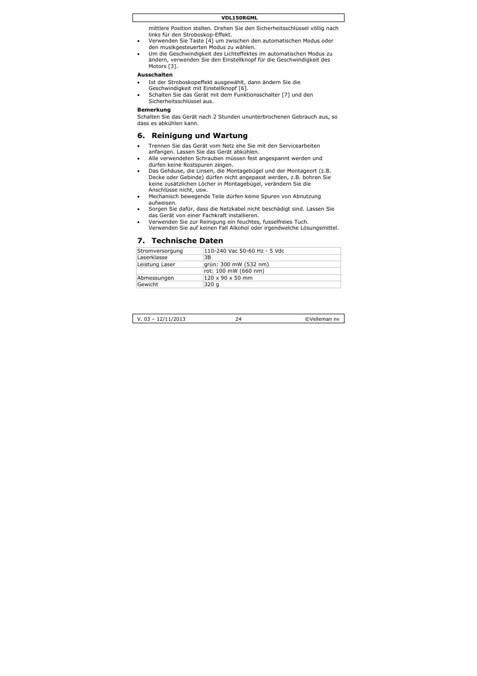 Reinigung und wartung, Technische daten | Velleman VDL150RGML User Manual | Page 24 / 28