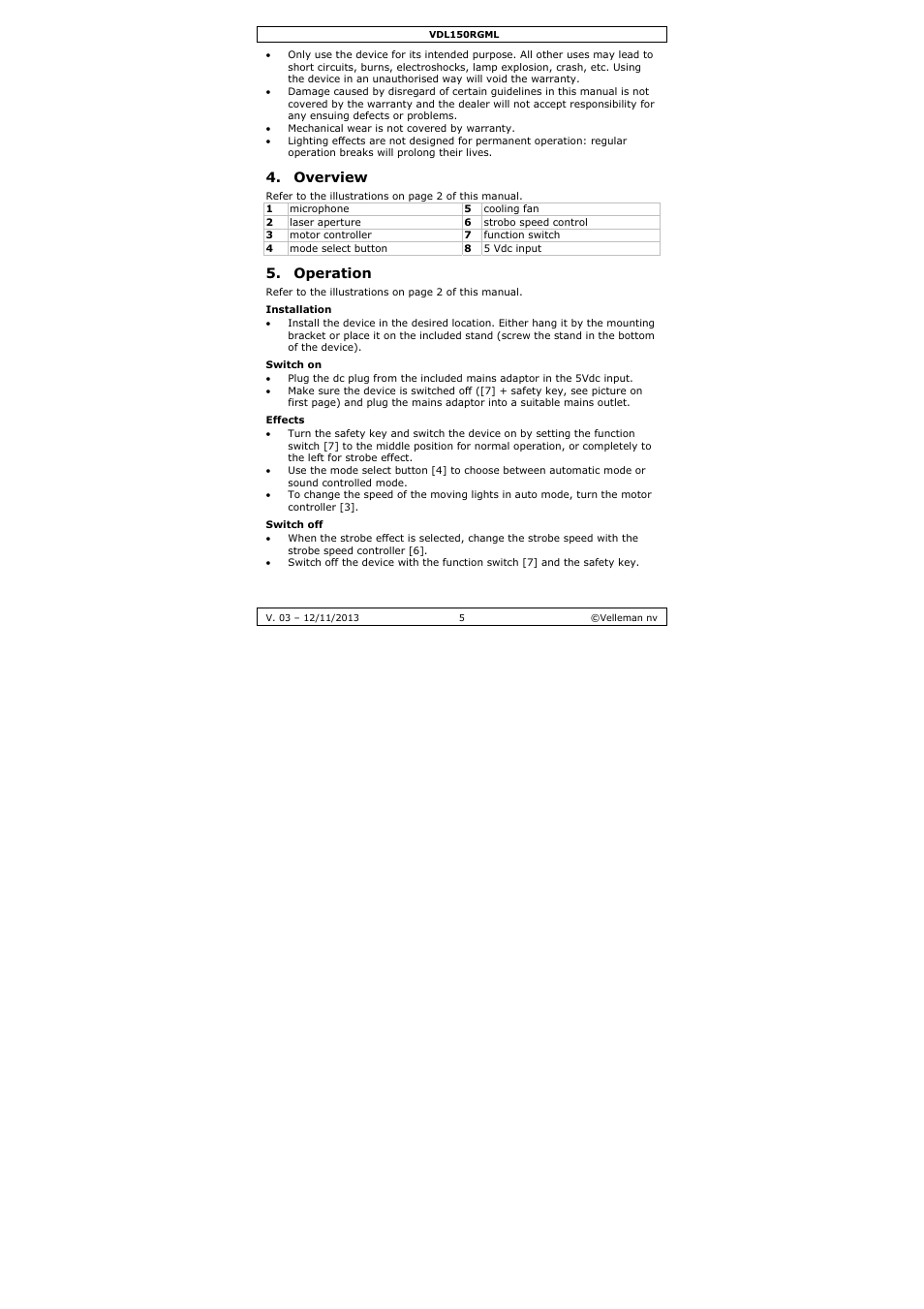 Overview, Operation | Velleman VDL150RGML User Manual | Page 5 / 28