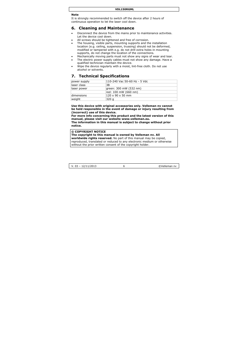 Cleaning and maintenance, Technical specifications | Velleman VDL150RGML User Manual | Page 6 / 28
