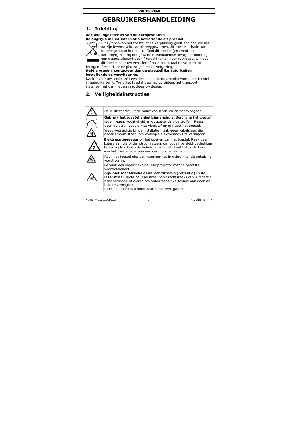 Gebrui, Ikersha, Andleid | Leiding, Iligheidsins, Structies | Velleman VDL150RGML User Manual | Page 7 / 28