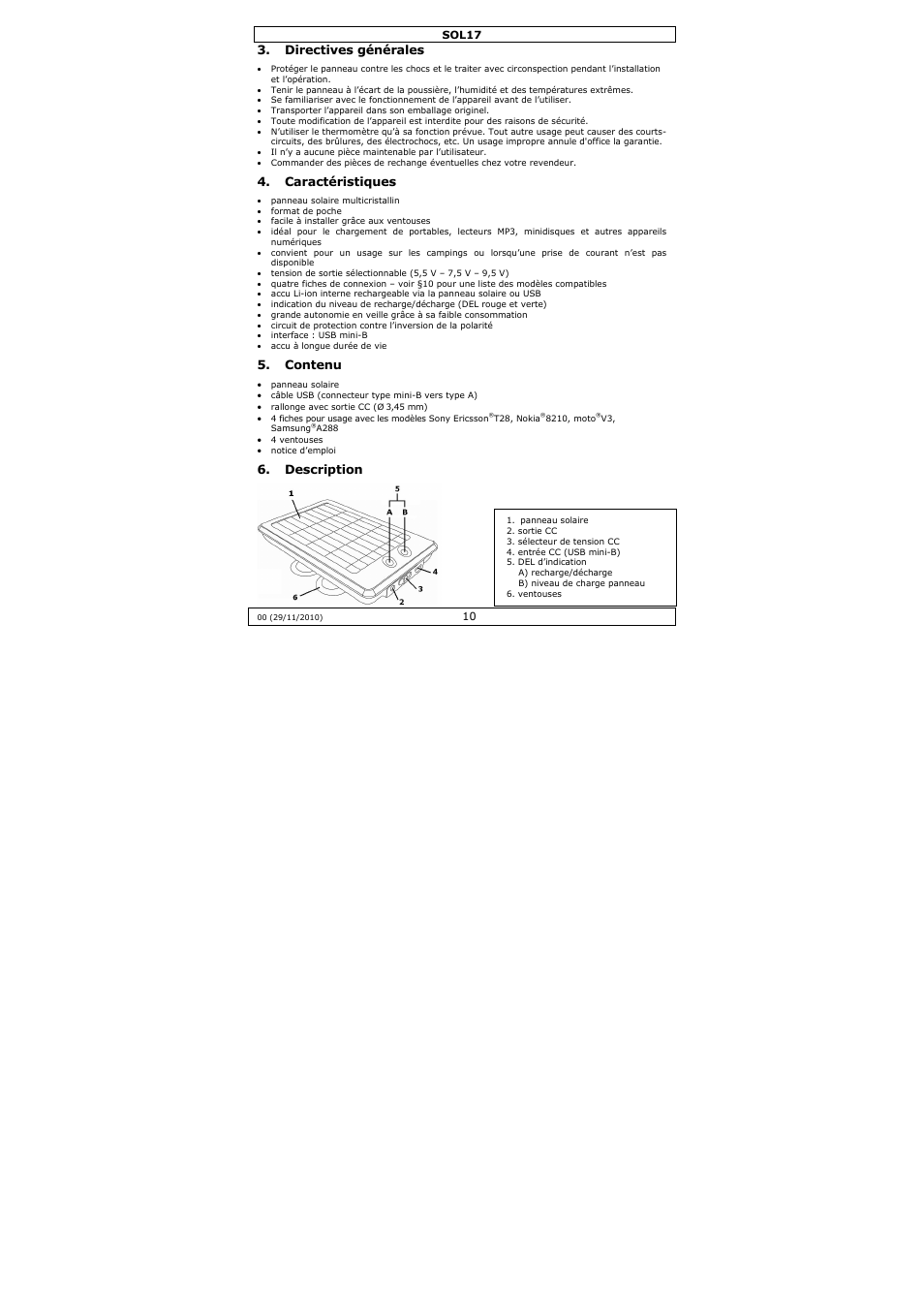 Directives générales, Caractéristiques, Contenu | Description | Velleman SOL17 User Manual | Page 10 / 36