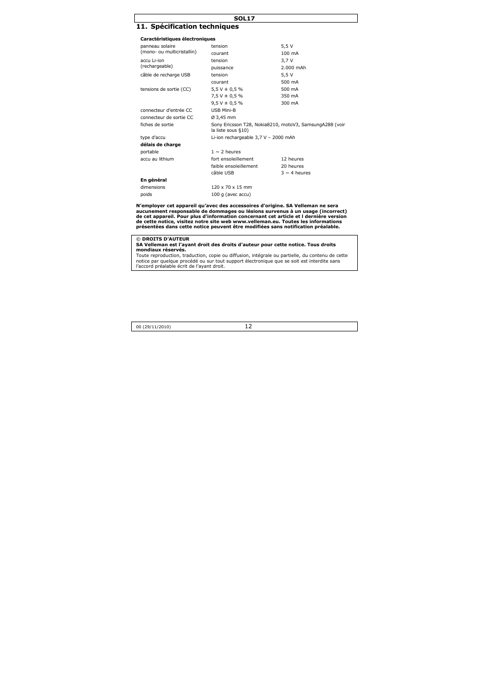 Spécification techniques | Velleman SOL17 User Manual | Page 12 / 36